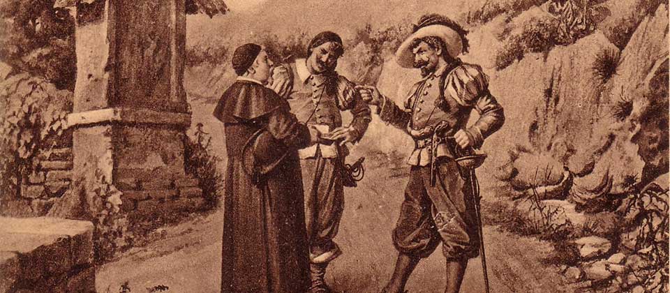 ... quando si trovò a fronte dei due galantuomi, disse mentalmente: ci siamo; e si fermò su due piedi. ("I promessi sposi", A.Manzoni)